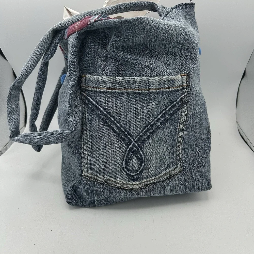 Handmade Denim Jean Bag Tote Purse Boho Upcycled Buttons Rhinestones Pearl‎